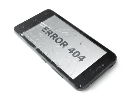 Phone with a screen that reads "ERROR 404"