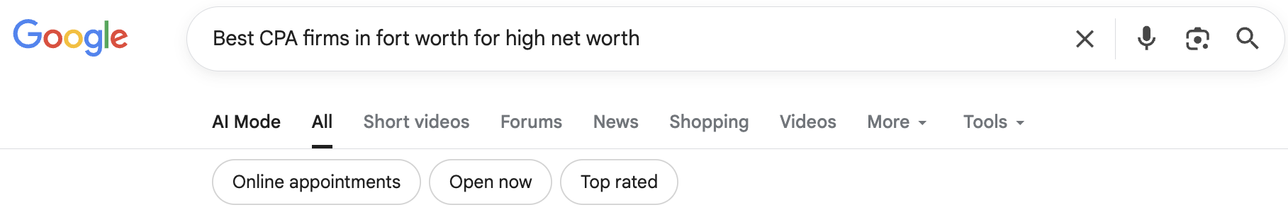 Example search showing where Google search AI mode is located.